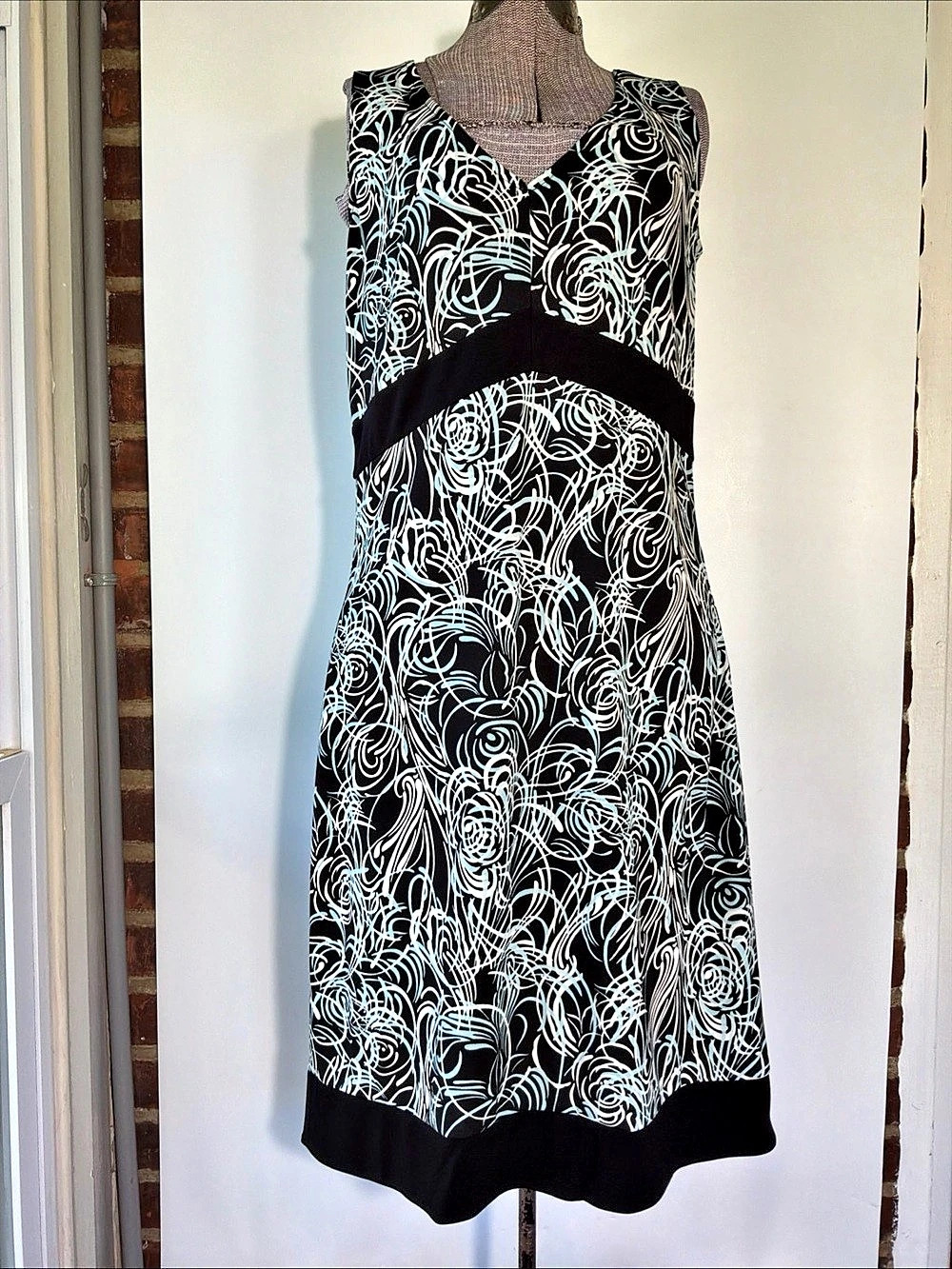 Ann Taylor Loft Sleeveless Black/Aqua/White Midi Dress Women's Size 8